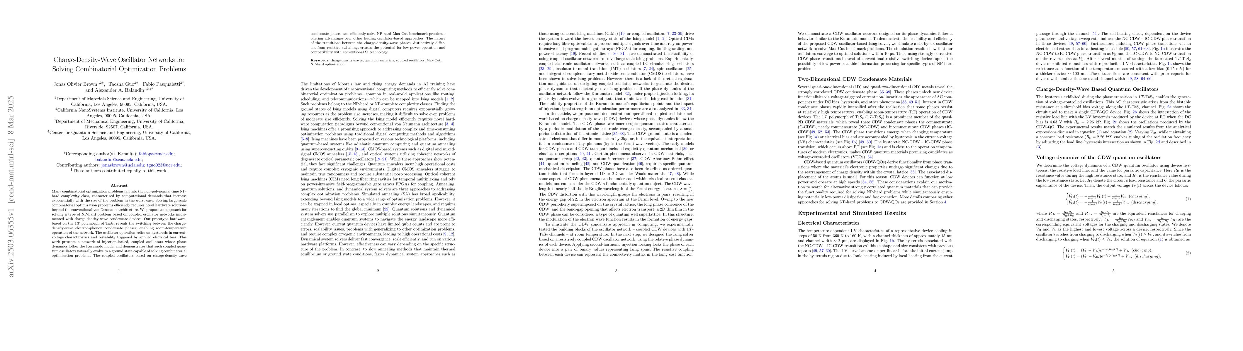 Thumbnail for Charge-Density-Wave Oscillator Networks for Solving Combinatorial
  Optimization Problems