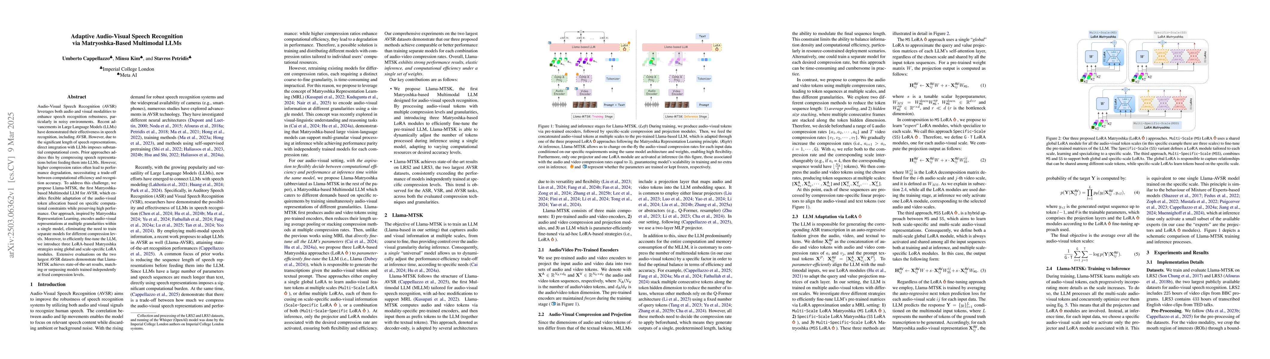 Thumbnail for Adaptive Audio-Visual Speech Recognition via Matryoshka-Based Multimodal
  LLMs