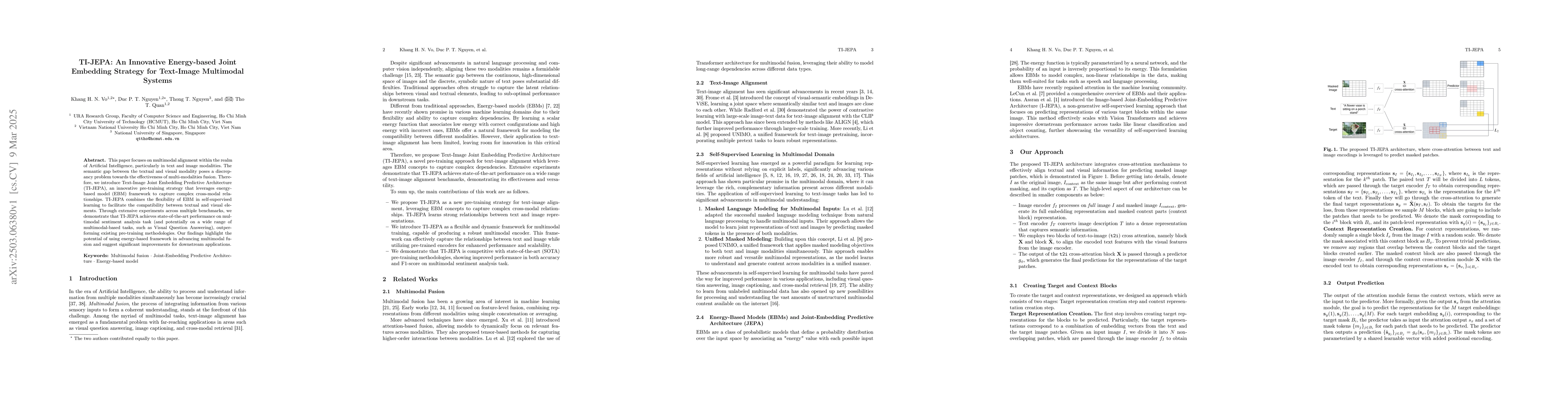 Thumbnail for TI-JEPA: An Innovative Energy-based Joint Embedding Strategy for
  Text-Image Multimodal Systems
