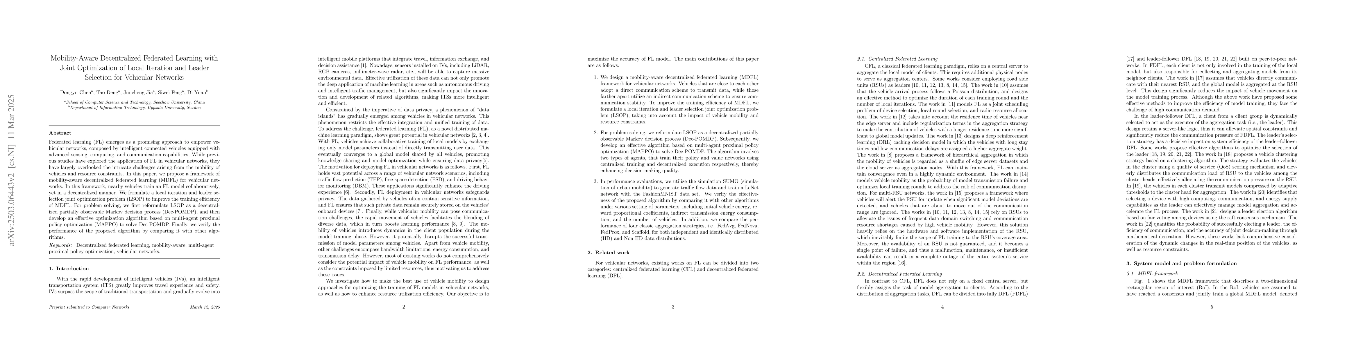 Thumbnail for Mobility-Aware Decentralized Federated Learning with Joint Optimization
  of Local Iteration and Leader Selection for Vehicular Networks