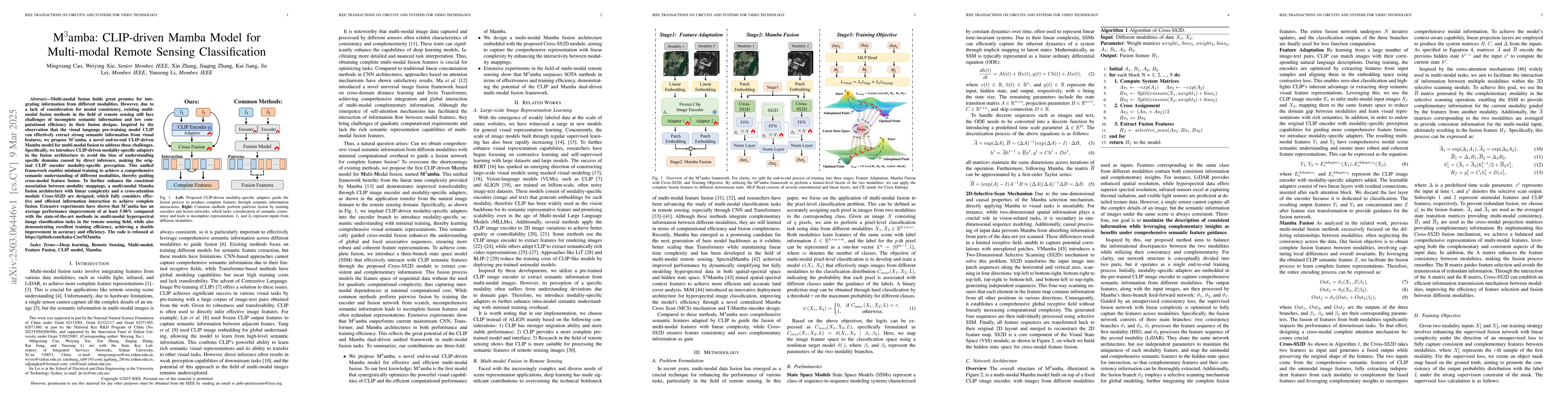 Thumbnail for M$^3$amba: CLIP-driven Mamba Model for Multi-modal Remote Sensing
  Classification