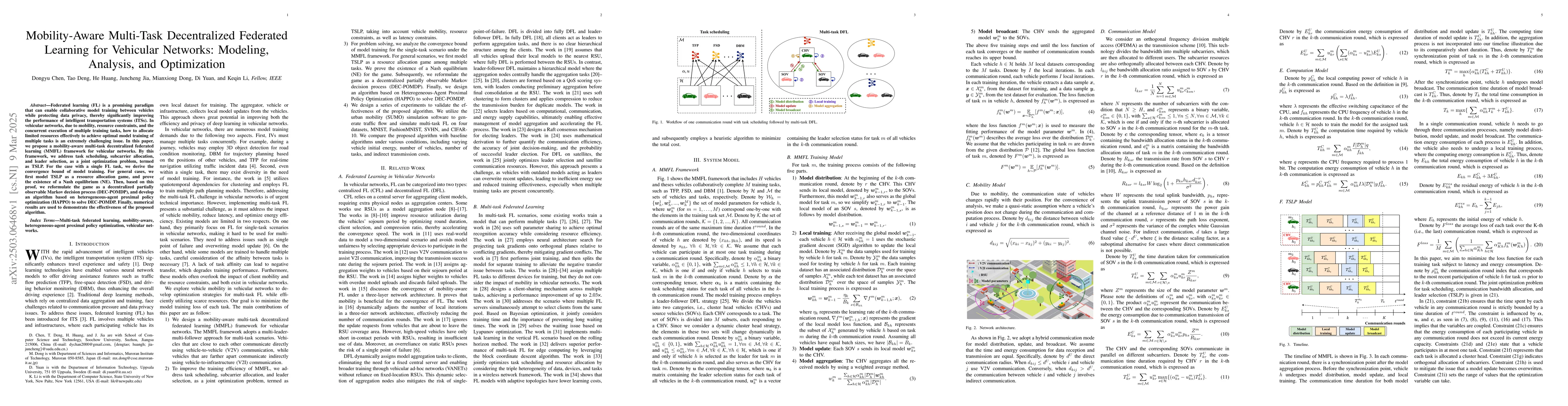 Thumbnail for Mobility-Aware Multi-Task Decentralized Federated Learning for Vehicular
  Networks: Modeling, Analysis, and Optimization