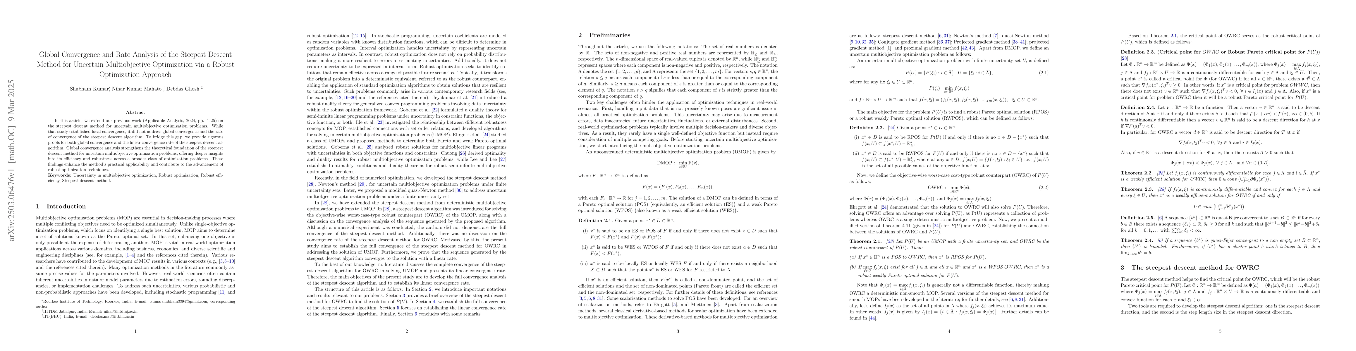 Thumbnail for Global Convergence and Rate Analysis of the Steepest Descent Method for
  Uncertain Multiobjective Optimization via a Robust Optimization Approach