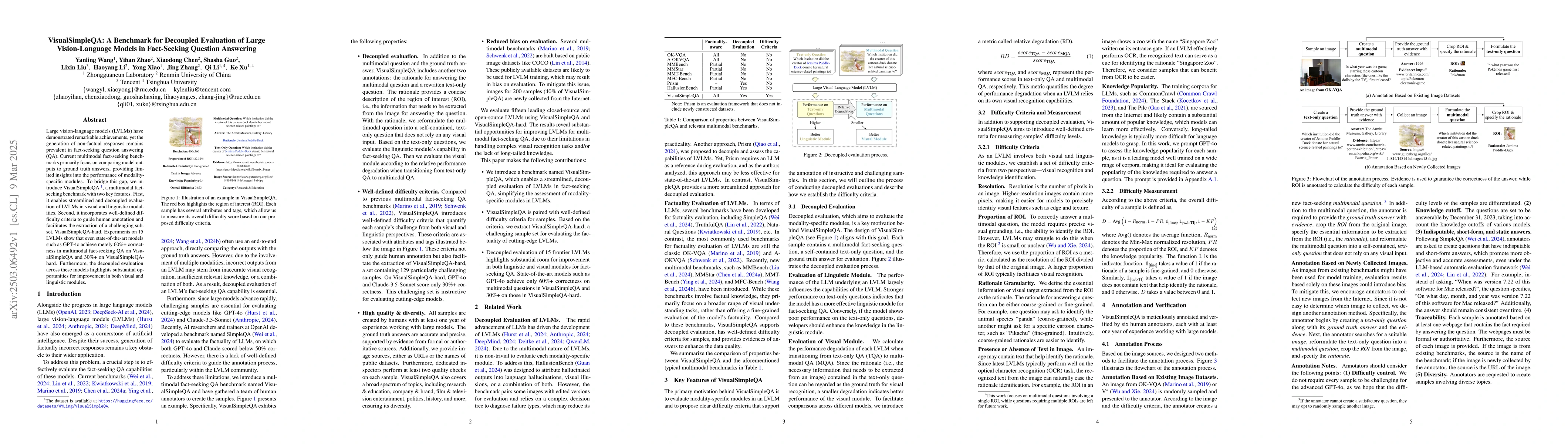 Thumbnail for VisualSimpleQA: A Benchmark for Decoupled Evaluation of Large
  Vision-Language Models in Fact-Seeking Question Answering