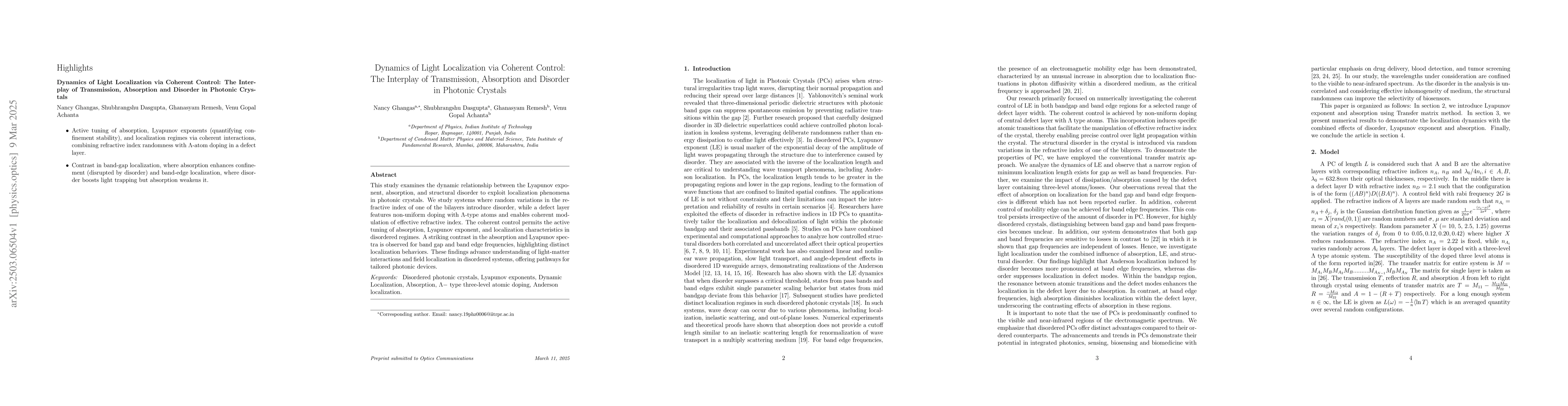 Thumbnail for Dynamics of Light Localization via Coherent Control: The Interplay of
  Transmission, Absorption and Disorder in Photonic Crystals