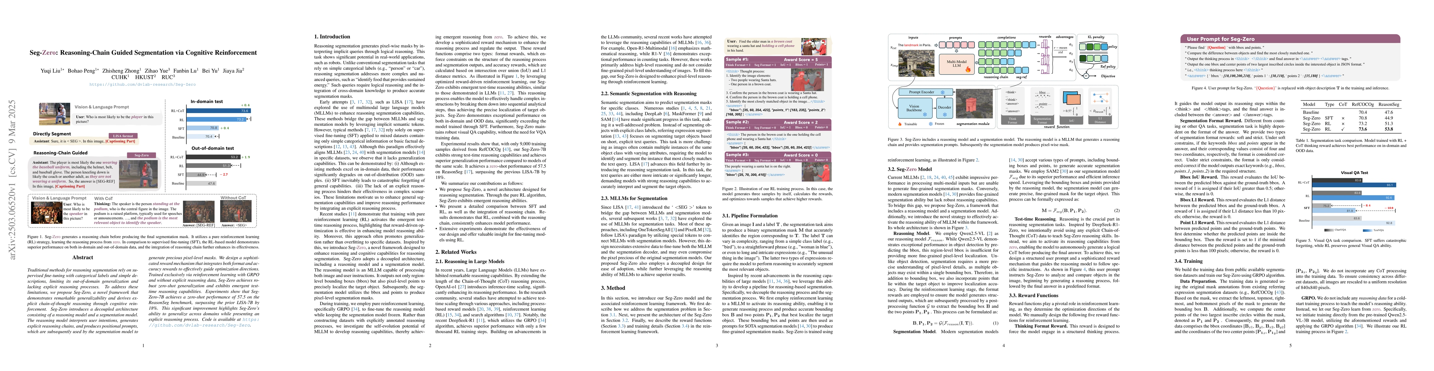 Thumbnail for Seg-Zero: Reasoning-Chain Guided Segmentation via Cognitive
  Reinforcement
