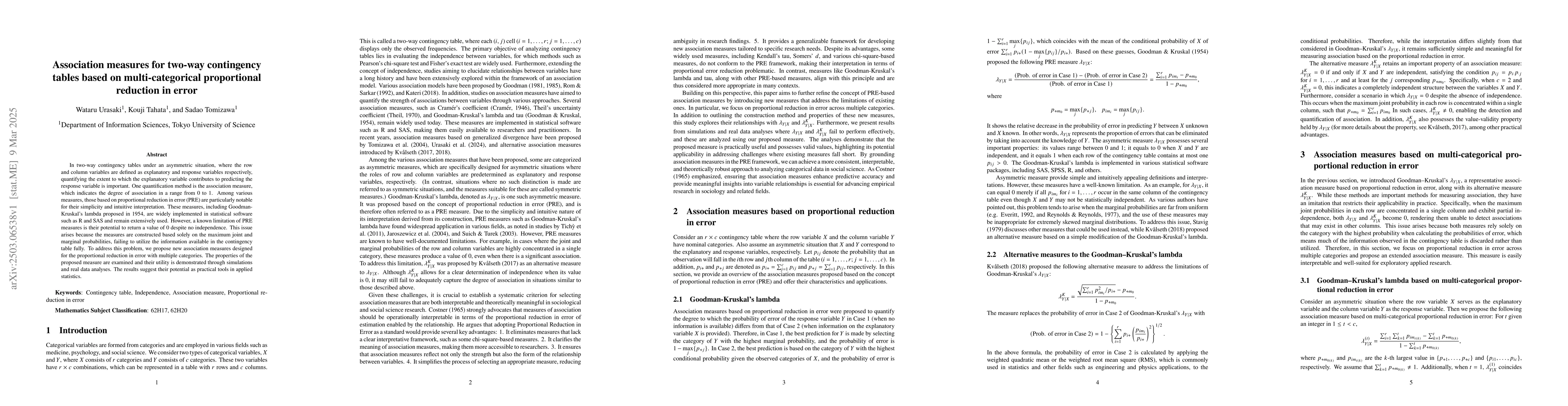 Thumbnail for Association measures for two-way contingency tables based on
  multi-categorical proportional reduction in error