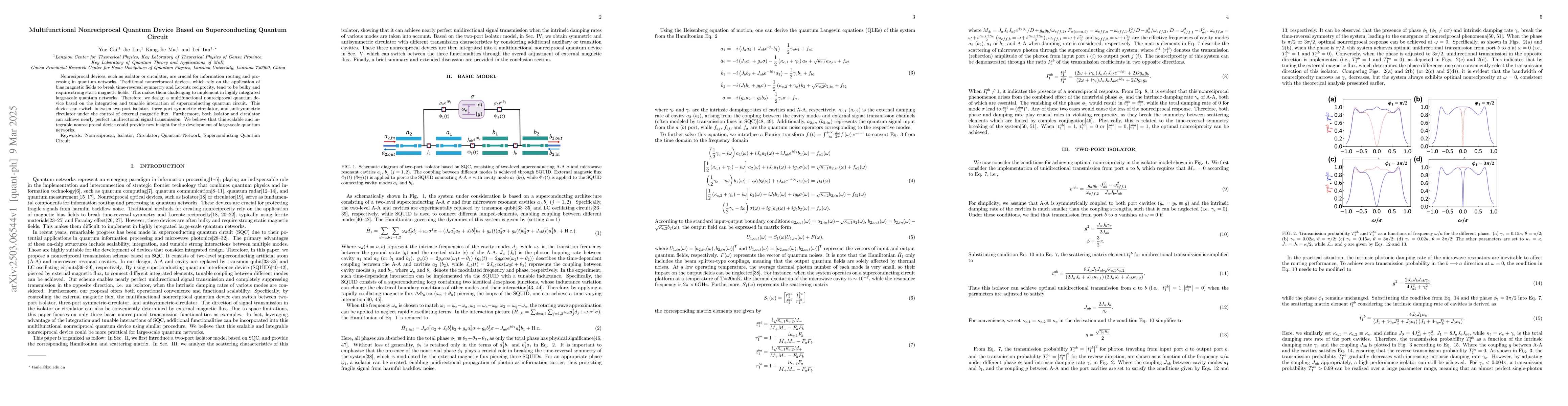 Thumbnail for Multifunctional Nonreciprocal Quantum Device Based on Superconducting
  Quantum Circuit