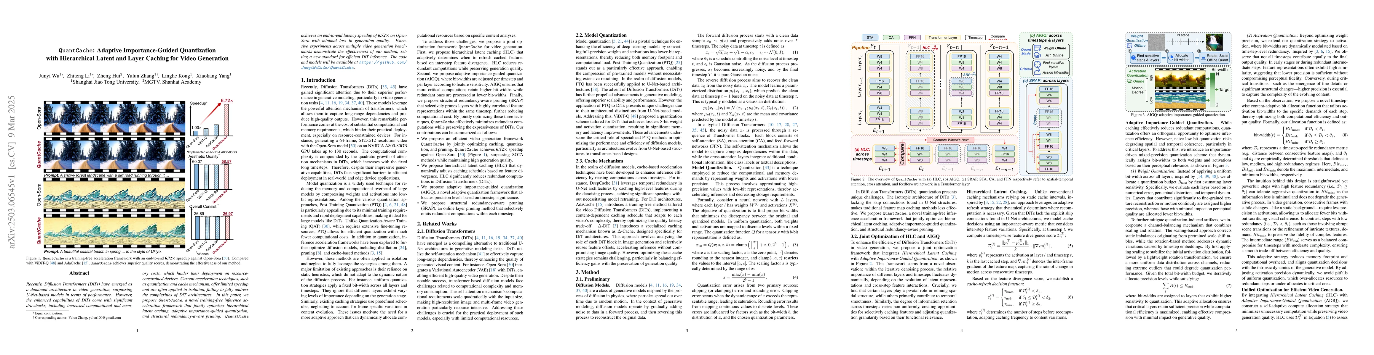 Thumbnail for QuantCache: Adaptive Importance-Guided Quantization with Hierarchical
  Latent and Layer Caching for Video Generation