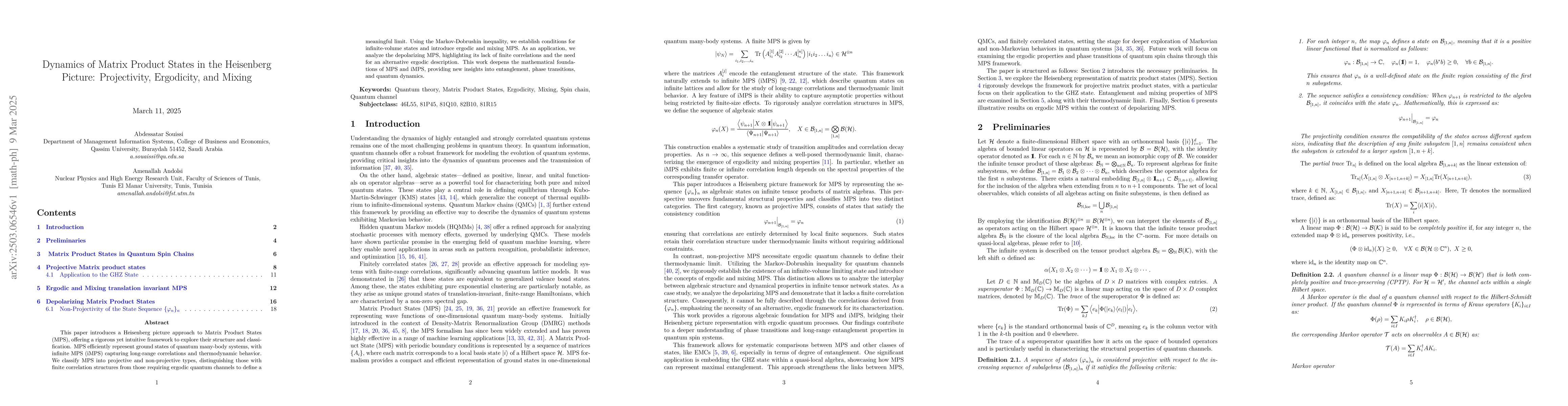 Thumbnail for Dynamics of Matrix Product States in the Heisenberg Picture:
  Projectivity, Ergodicity, and Mixing