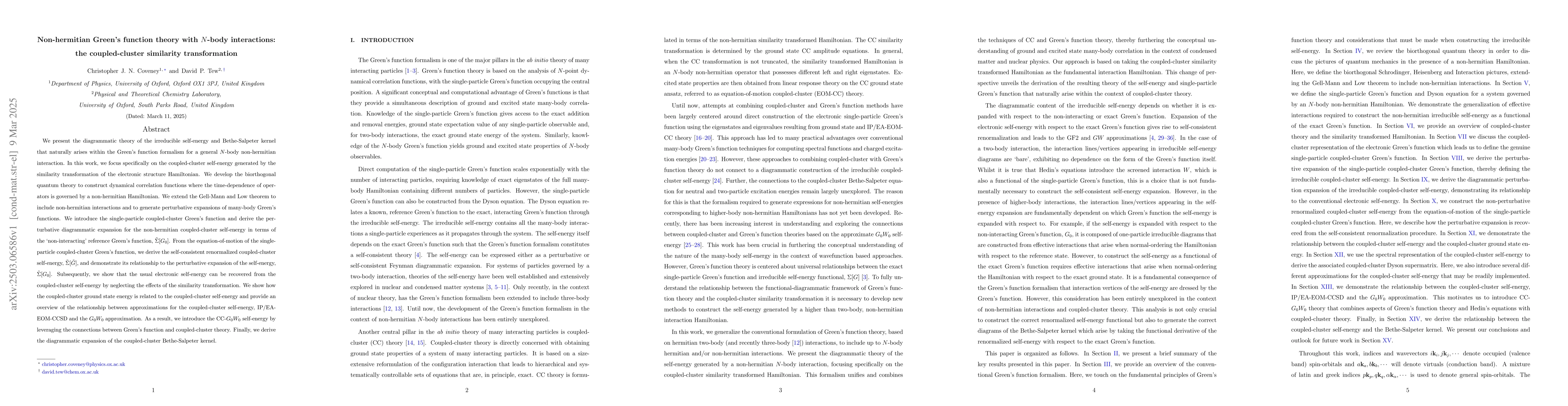 Thumbnail for Non-hermitian Green's function theory with $N$-body interactions: the
  coupled-cluster similarity transformation