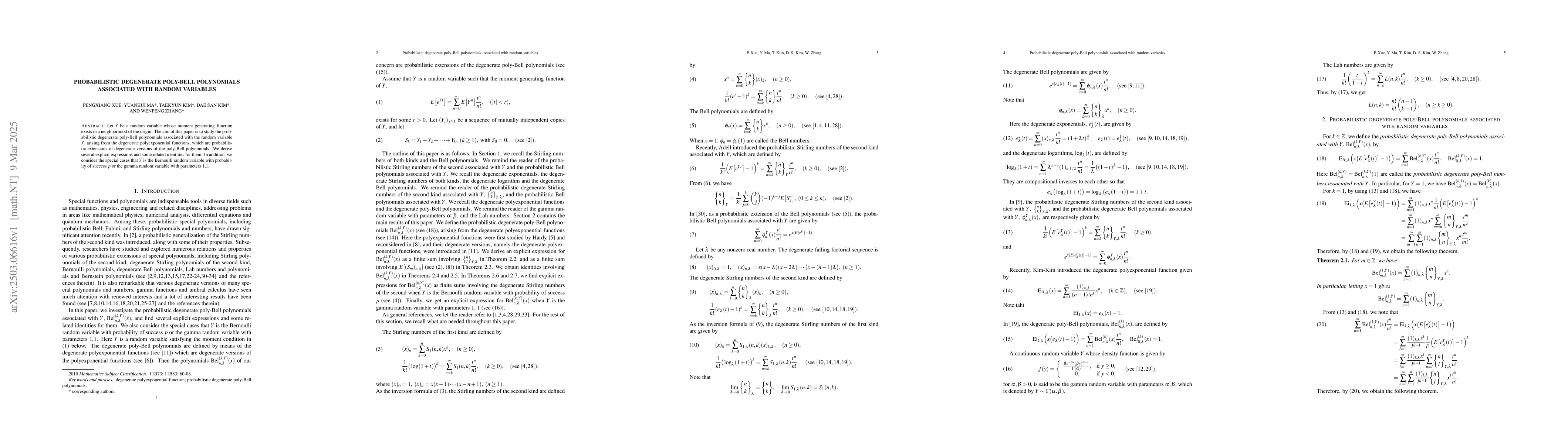 Thumbnail for Probabilistic degenerate poly-Bell polynomials associated with random
  variables