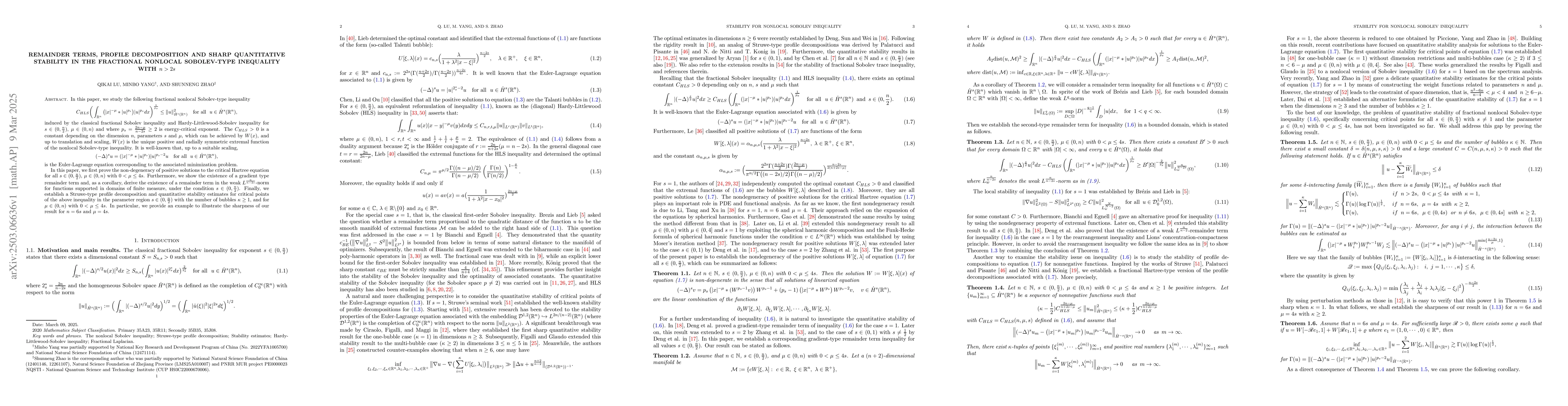 Thumbnail for Remainder terms, profile decomposition and sharp quantitative stability
  in the fractional nonlocal Sobolev-type inequality with $n>2s$