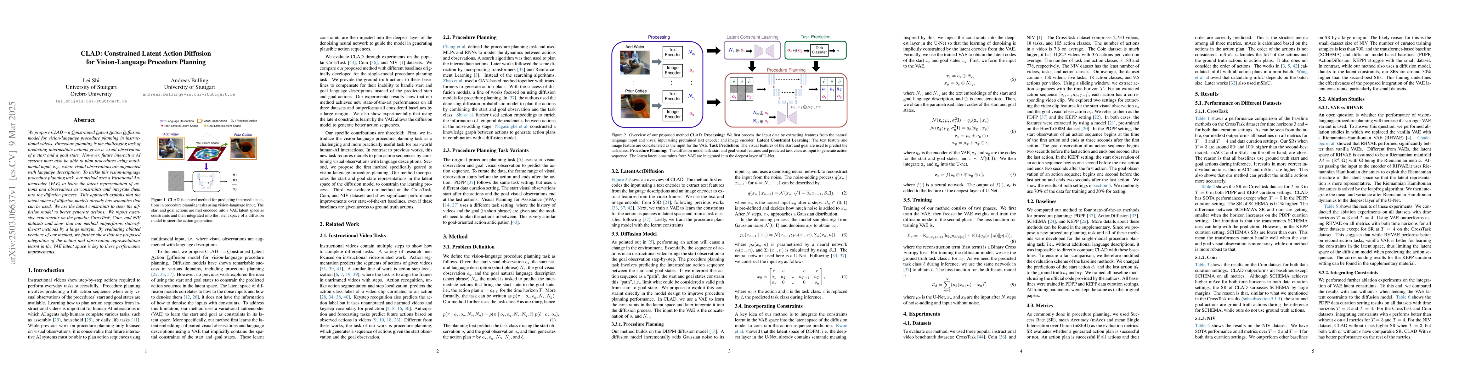 Thumbnail for CLAD: Constrained Latent Action Diffusion for Vision-Language Procedure
  Planning