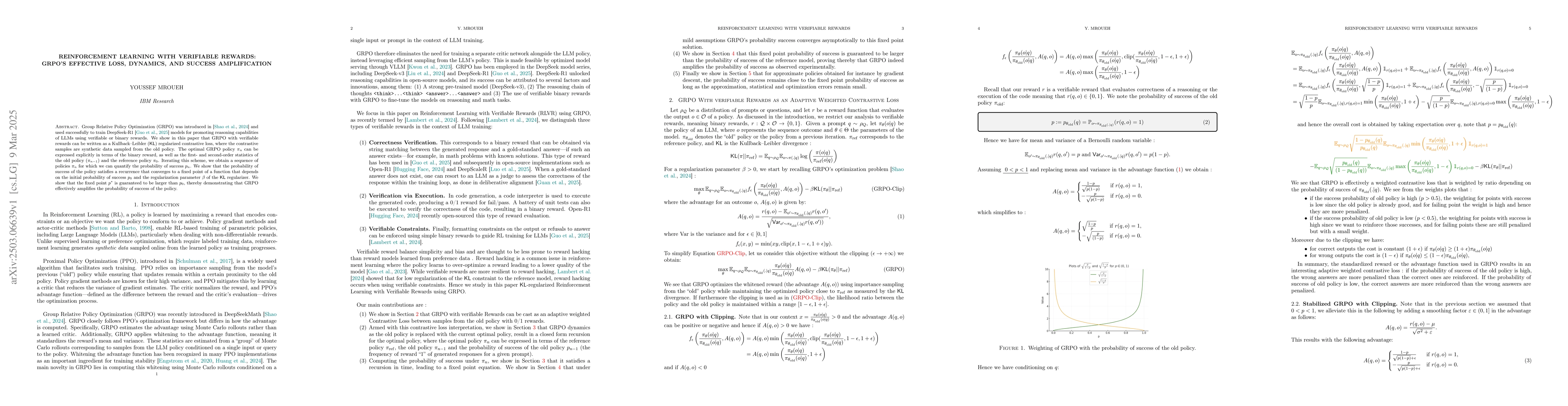 Thumbnail for Reinforcement Learning with Verifiable Rewards: GRPO's Effective Loss,
  Dynamics, and Success Amplification