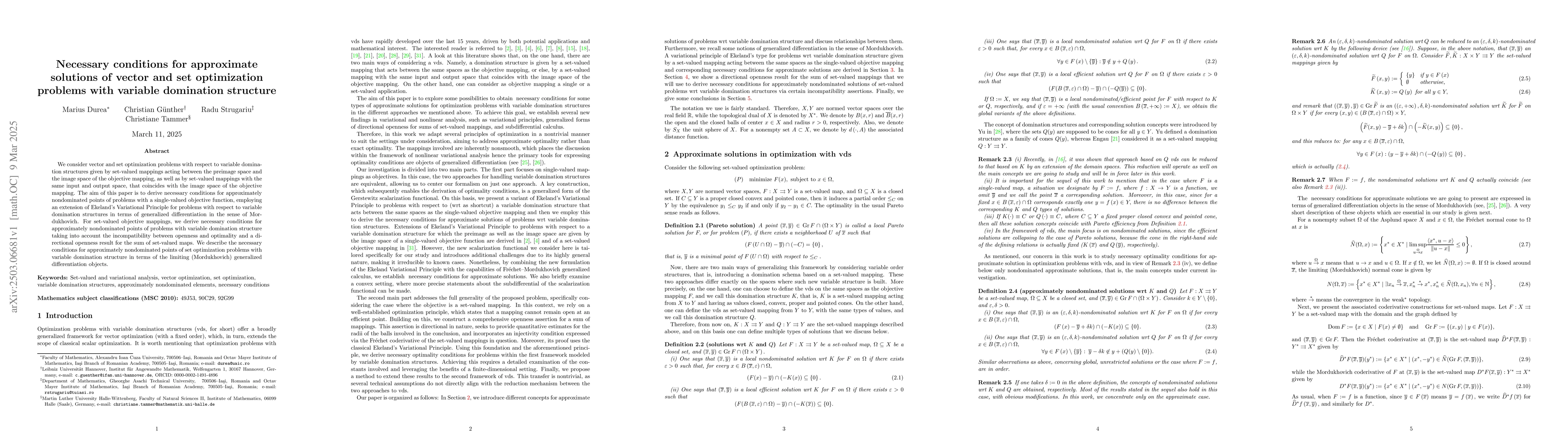 Thumbnail for Necessary conditions for approximate solutions of vector and set
  optimization problems with variable domination structure