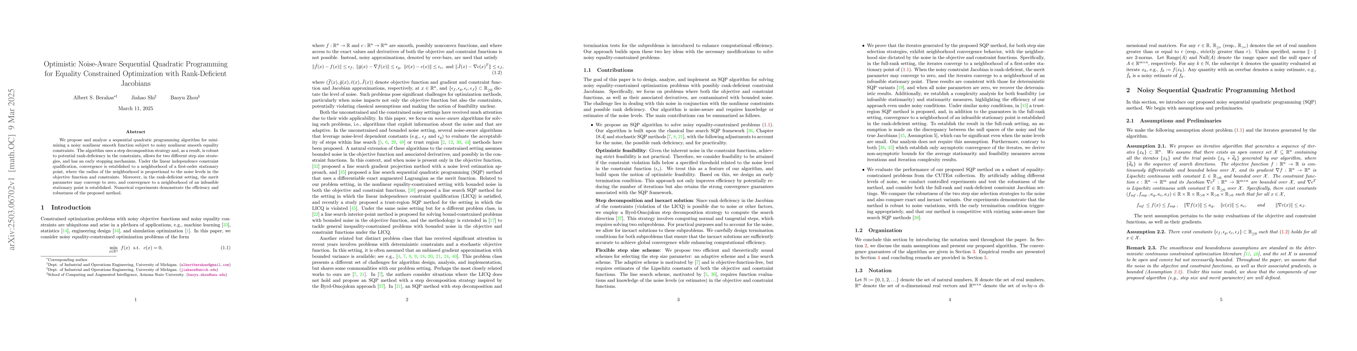 Thumbnail for Optimistic Noise-Aware Sequential Quadratic Programming for Equality
  Constrained Optimization with Rank-Deficient Jacobians