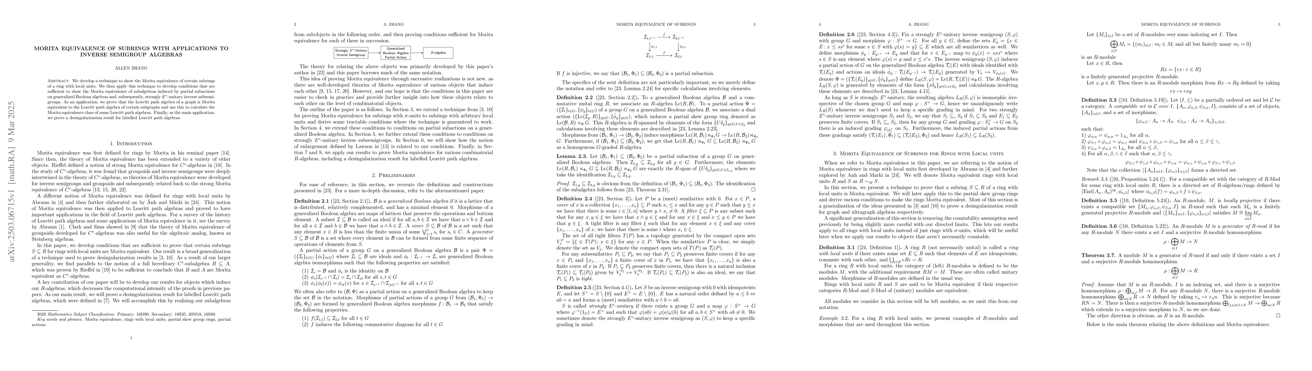 Thumbnail for Morita Equivalence of Subrings with Applications to Inverse Semigroup
  Algebras