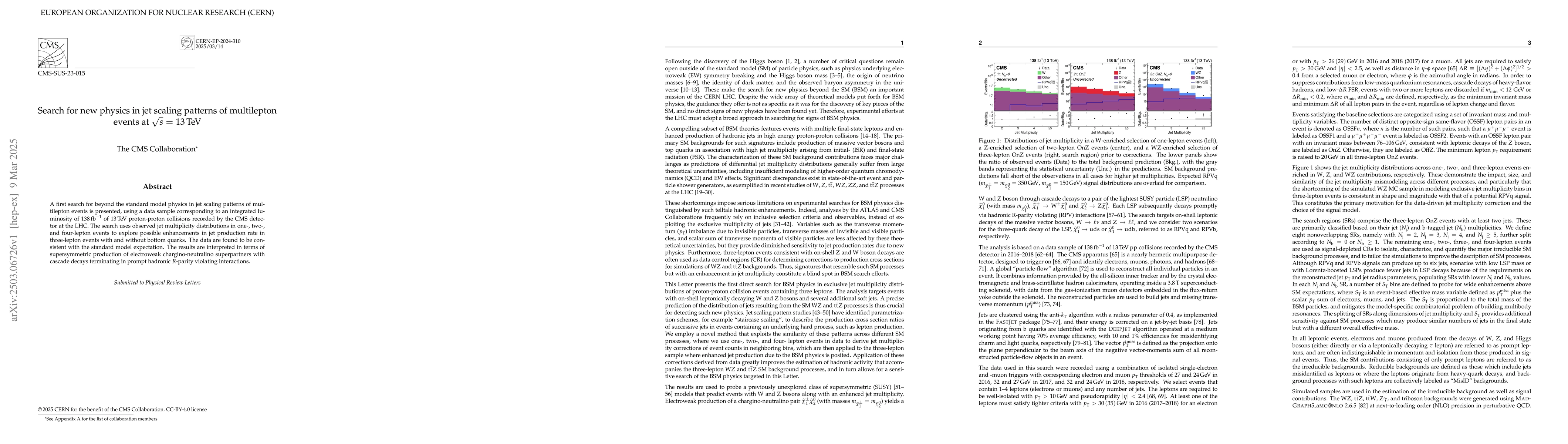 Thumbnail for Search for new physics in jet scaling patterns of multilepton events at
  $\sqrt{s}$ = 13 TeV