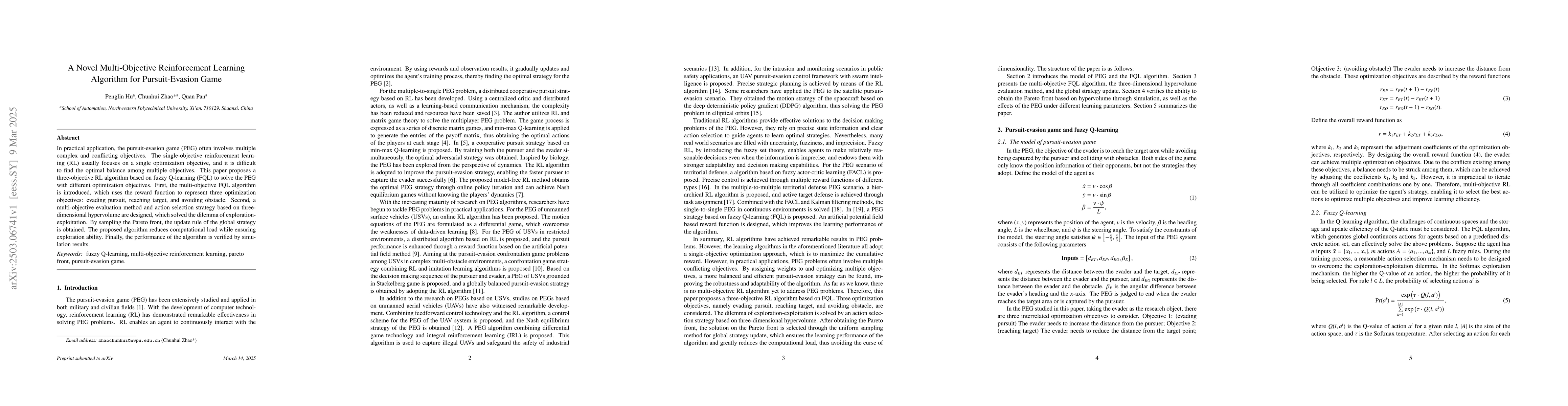 Thumbnail for A Novel Multi-Objective Reinforcement Learning Algorithm for
  Pursuit-Evasion Game