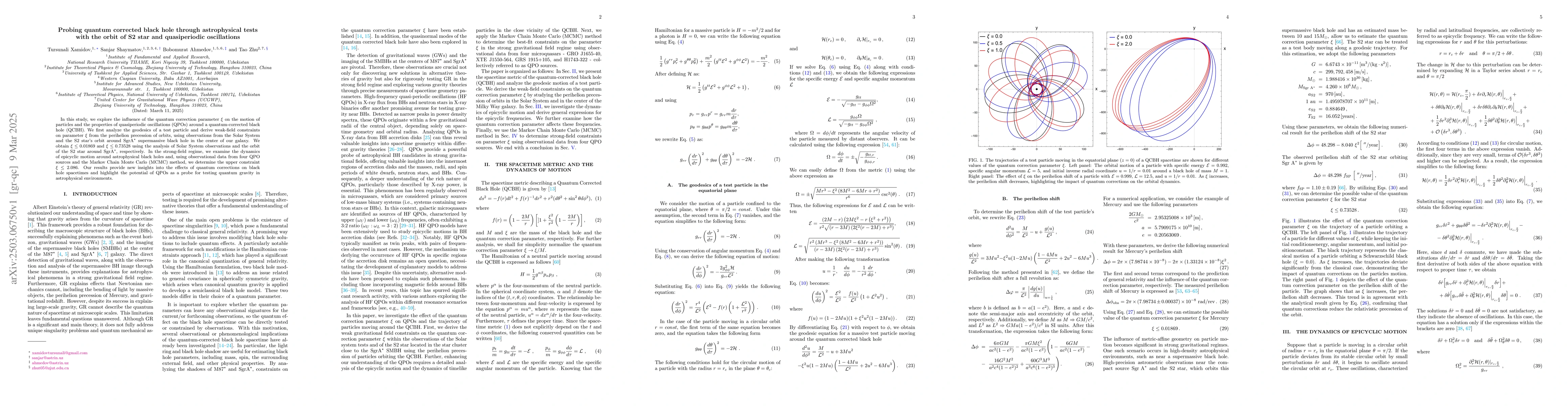 Thumbnail for Probing quantum corrected black hole through astrophysical tests with
  the orbit of S2 star and quasiperiodic oscillations