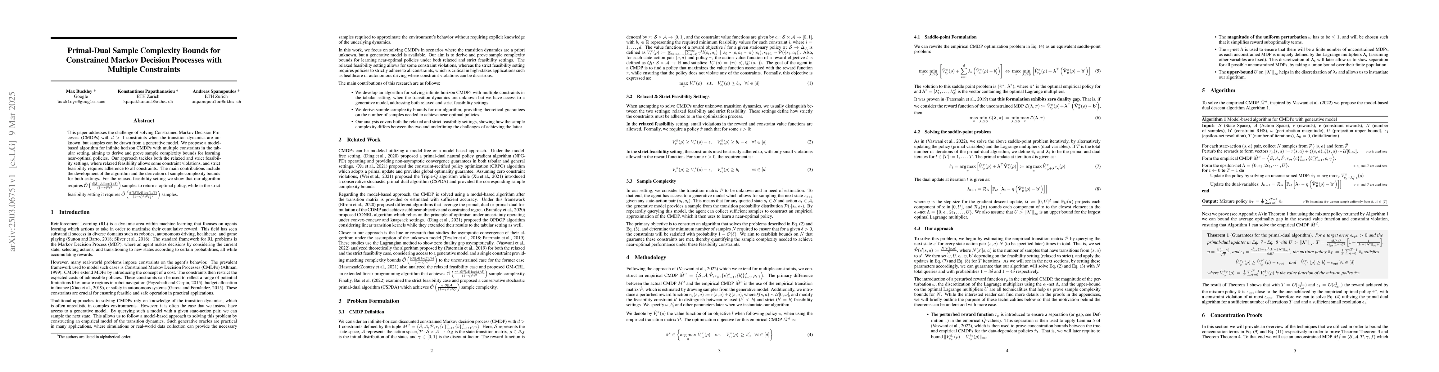Thumbnail for Primal-Dual Sample Complexity Bounds for Constrained Markov Decision
  Processes with Multiple Constraints