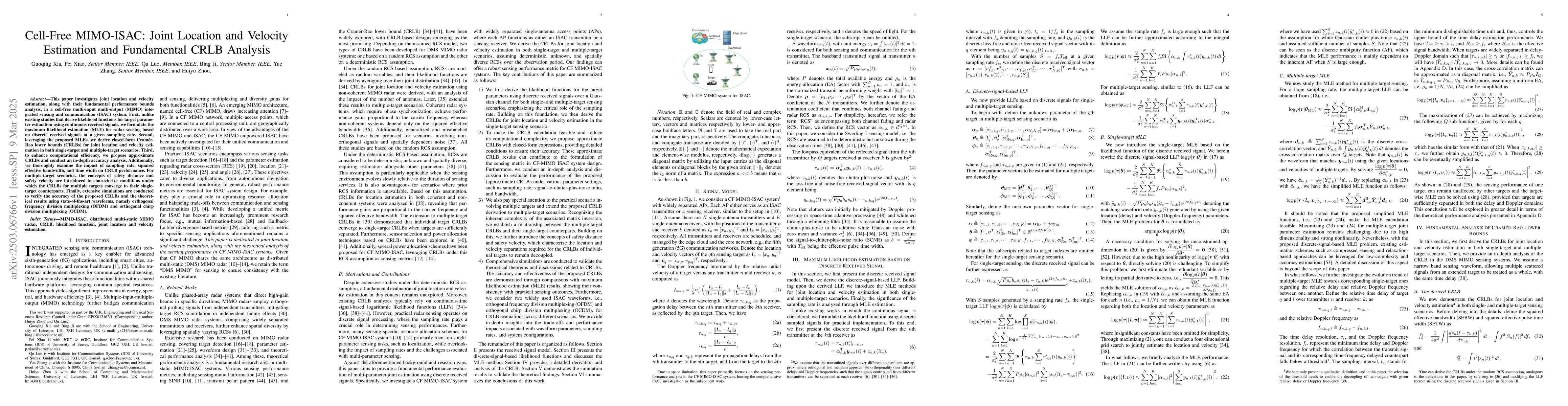 Thumbnail for Cell-Free MIMO-ISAC: Joint Location and Velocity Estimation and
  Fundamental CRLB Analysis