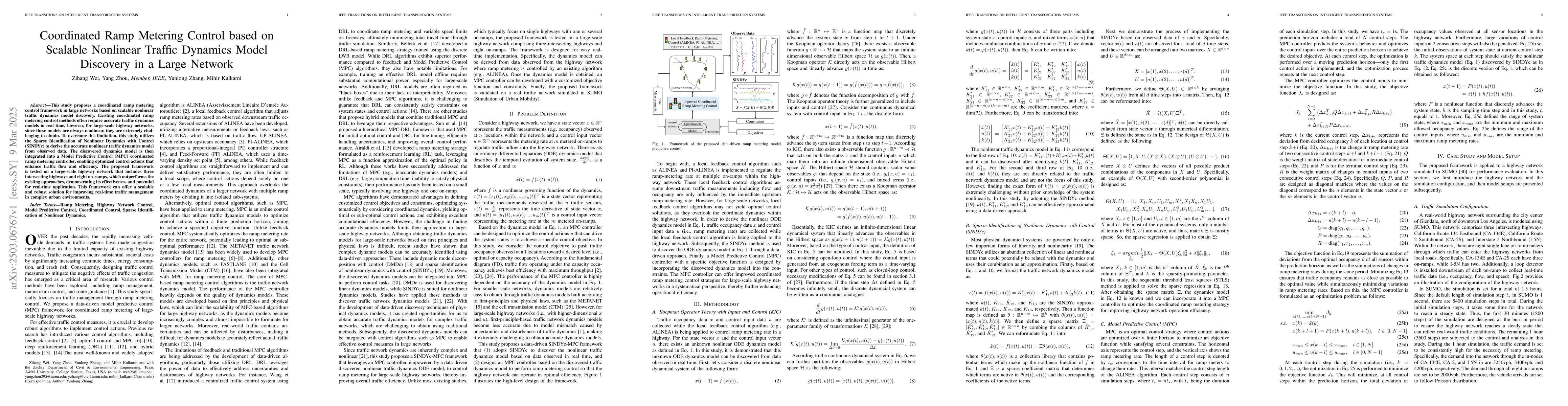 Thumbnail for Coordinated Ramp Metering Control based on Scalable Nonlinear Traffic
  Dynamics Model Discovery in a Large Network