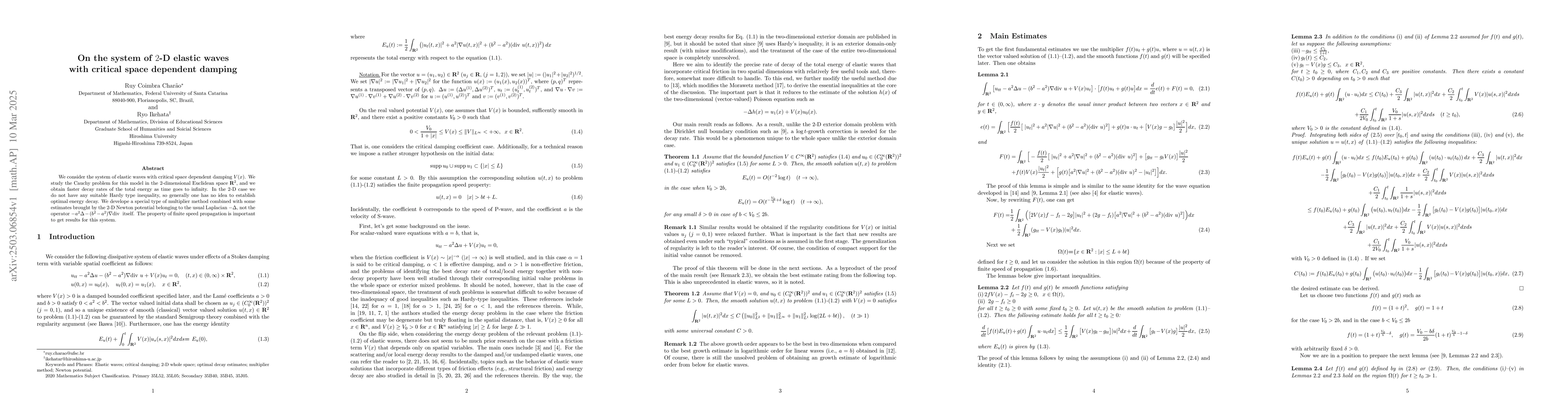 Thumbnail for On the system of $2$-D elastic waves with critical space dependent
  damping