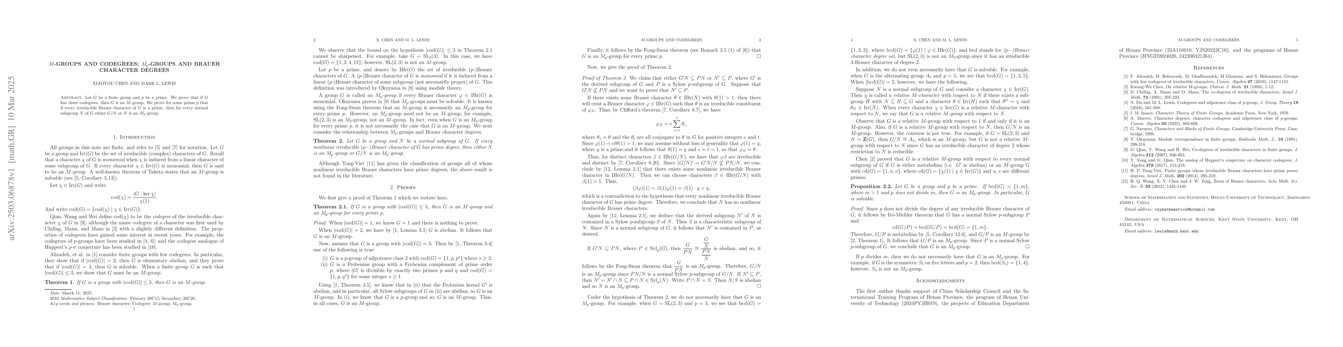 Thumbnail for $M$-groups and Codegrees; $M_{p}$-groups and Brauer Character Degrees