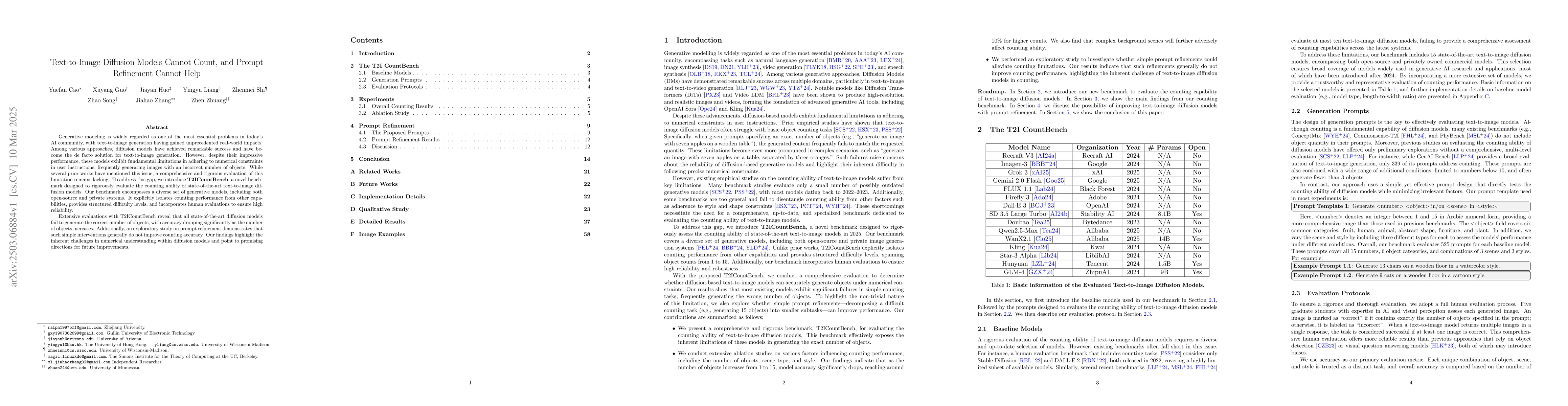 Thumbnail for Text-to-Image Diffusion Models Cannot Count, and Prompt Refinement
  Cannot Help