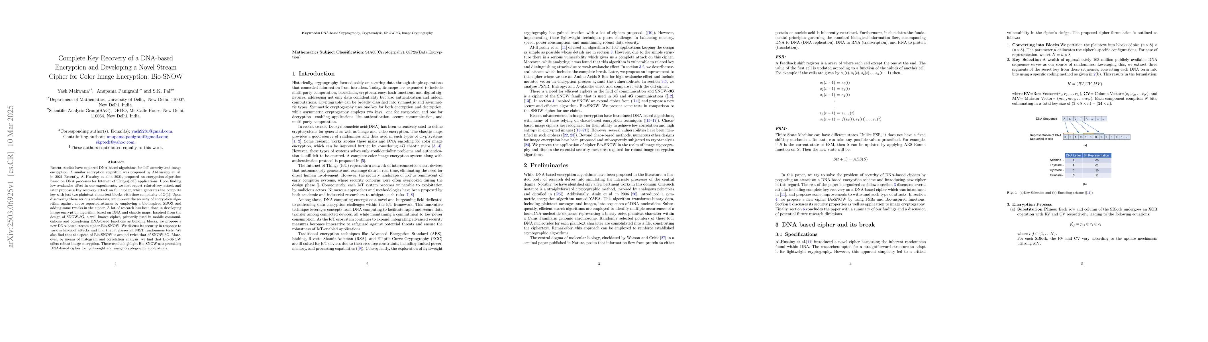 Thumbnail for Complete Key Recovery of a DNA-based Encryption and Developing a Novel
  Stream Cipher for Color Image Encryption: Bio-SNOW