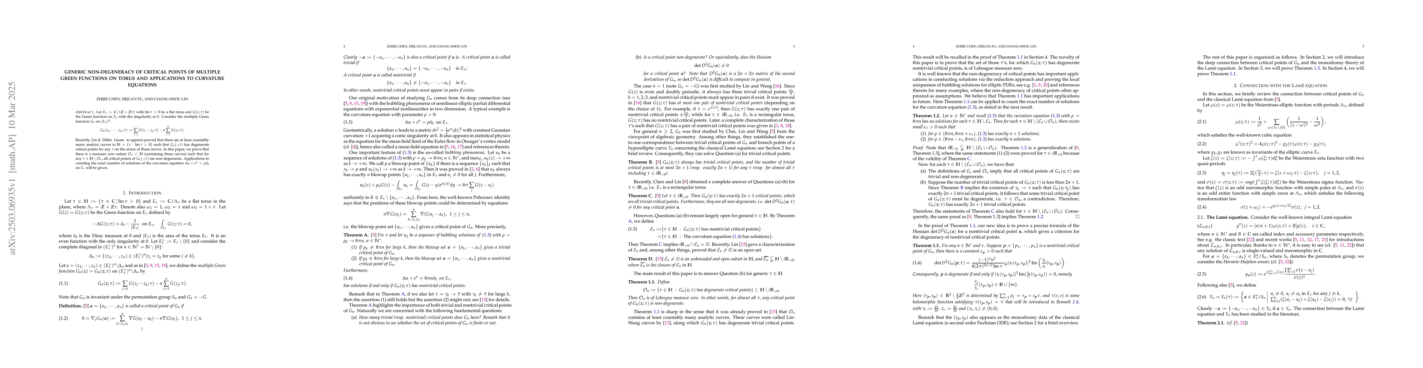 Thumbnail for Generic non-degeneracy of critical points of multiple Green functions on
  torus and applications to curvature equations