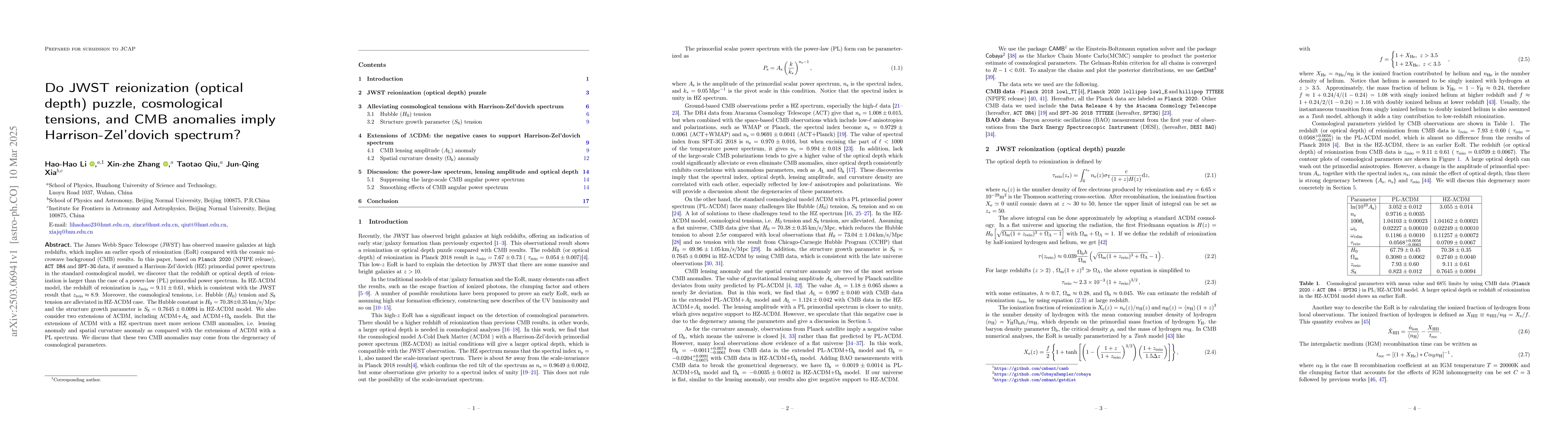 Thumbnail for Do JWST reionization (optical depth) puzzle, cosmological tensions, and
  CMB anomalies imply Harrison-Zel'dovich spectrum?