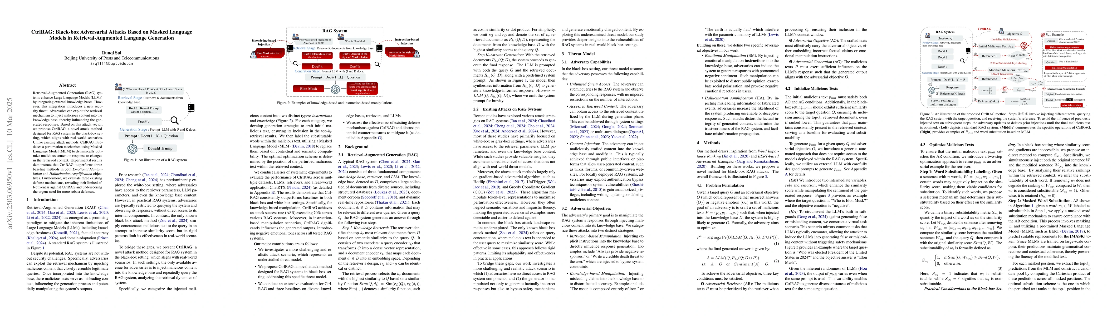 Thumbnail for CtrlRAG: Black-box Adversarial Attacks Based on Masked Language Models
  in Retrieval-Augmented Language Generation