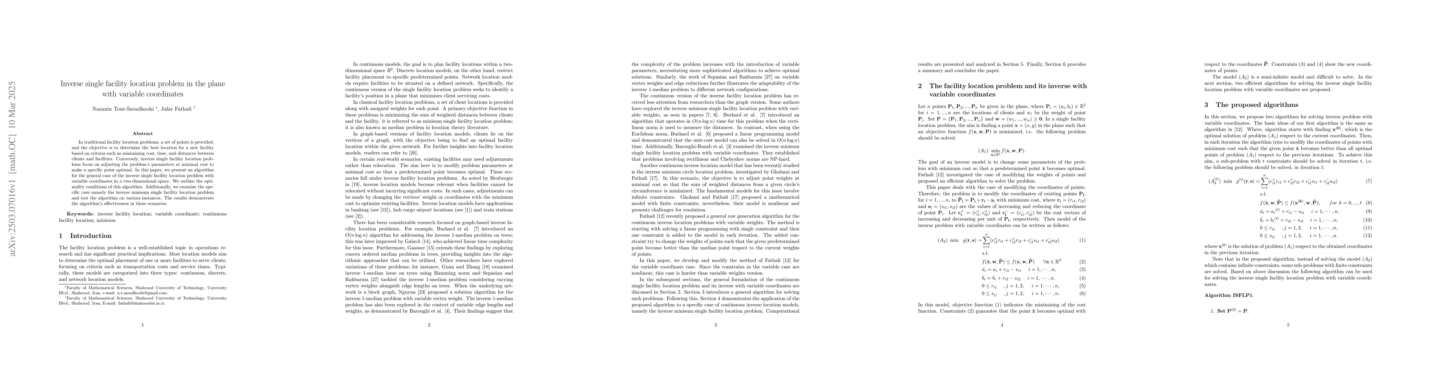 Thumbnail for Inverse single facility location problem in the plane with variable
  coordinates