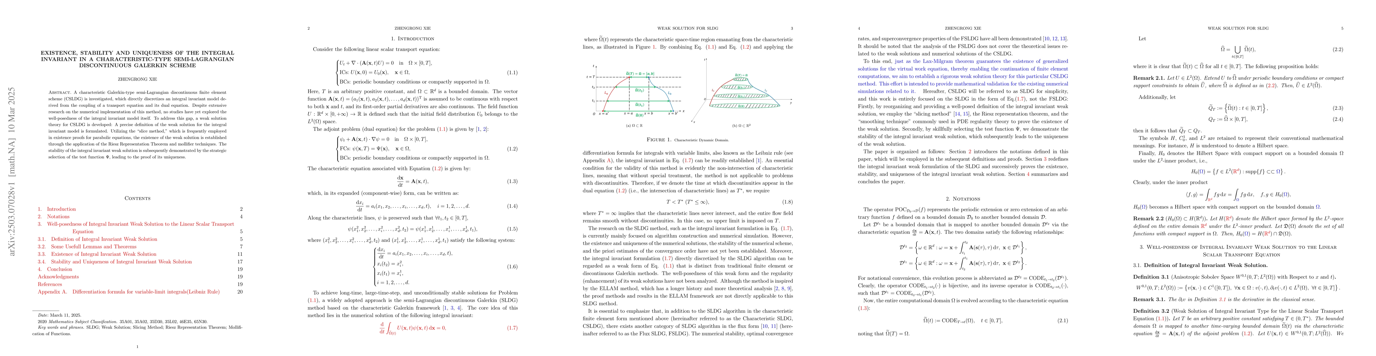 Thumbnail for Existence, Stability and Uniqueness of the Integral Invariant in A
  Characteristic-type Semi-Lagrangian Discontinuous Galerkin Scheme