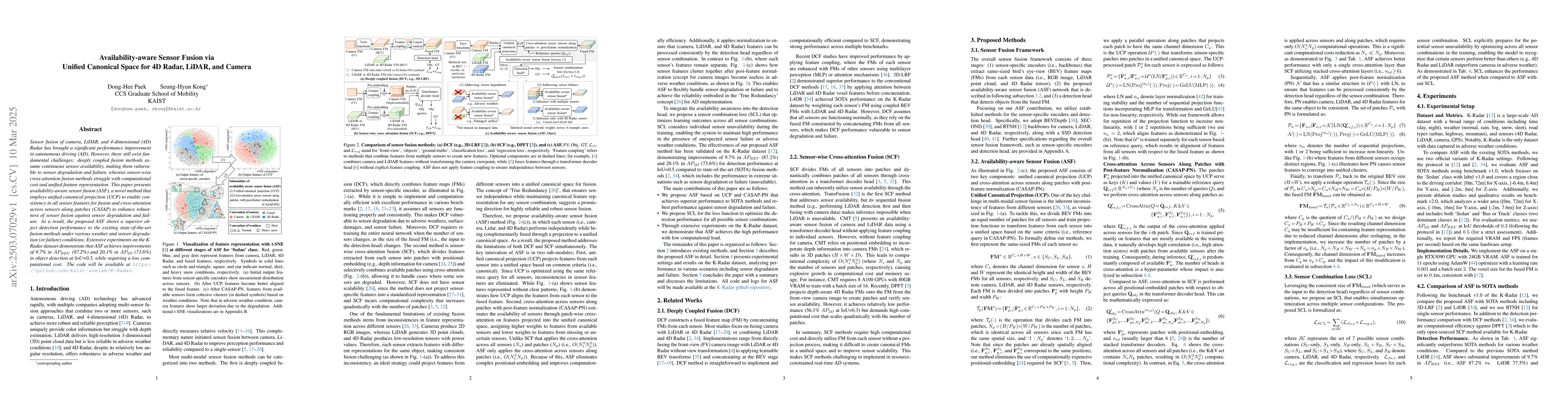 Thumbnail for Availability-aware Sensor Fusion via Unified Canonical Space for 4D
  Radar, LiDAR, and Camera