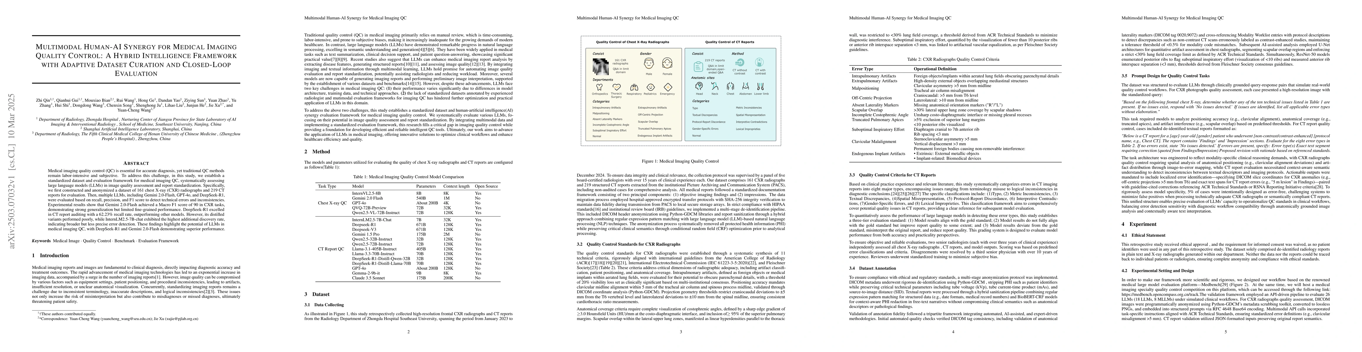 Thumbnail for Multimodal Human-AI Synergy for Medical Imaging Quality Control: A
  Hybrid Intelligence Framework with Adaptive Dataset Curation and Closed-Loop
  Evaluation