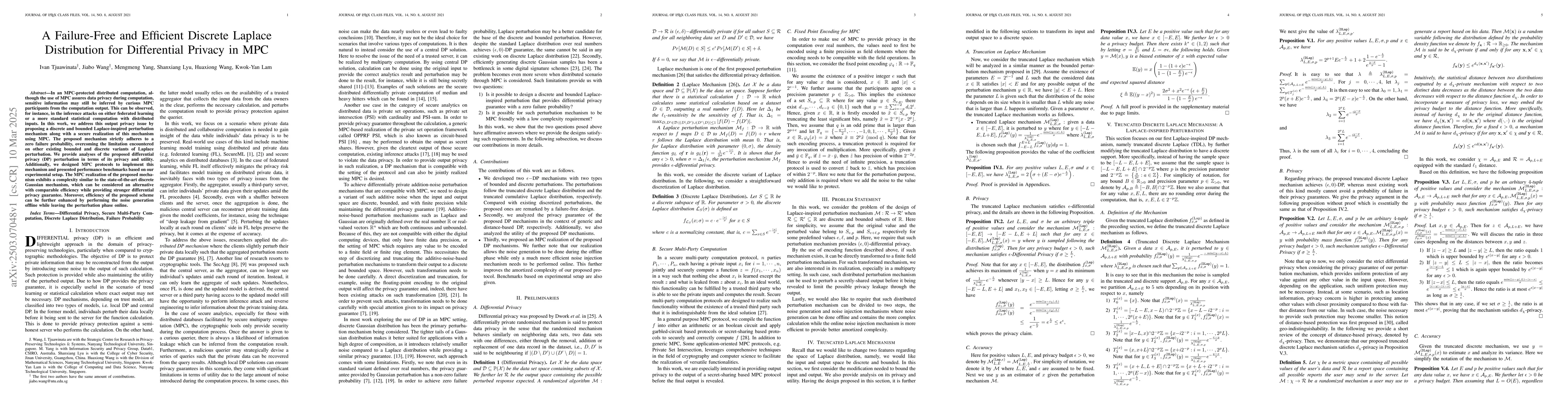 Thumbnail for A Failure-Free and Efficient Discrete Laplace Distribution for
  Differential Privacy in MPC