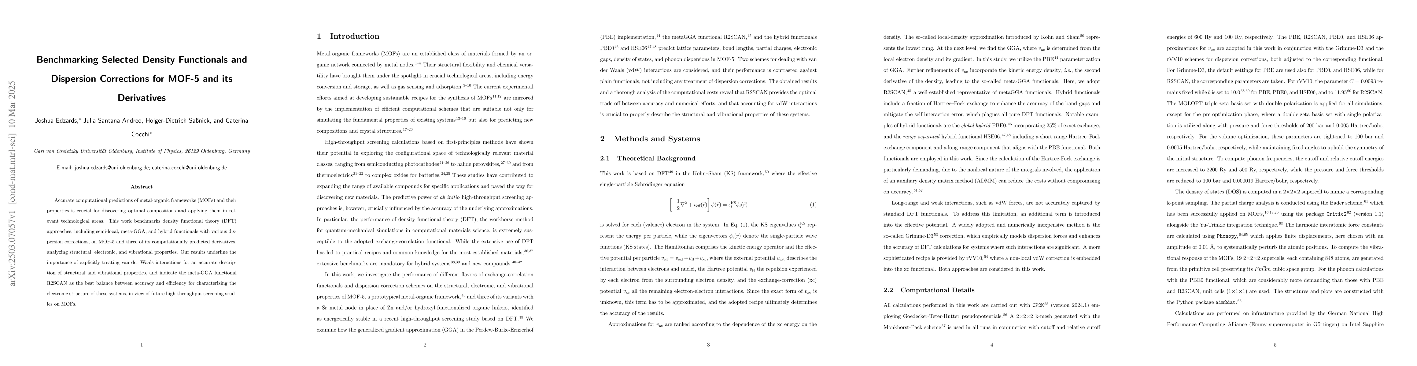 Thumbnail for Benchmarking Selected Density Functionals and Dispersion Corrections for
  MOF-5 and its Derivatives