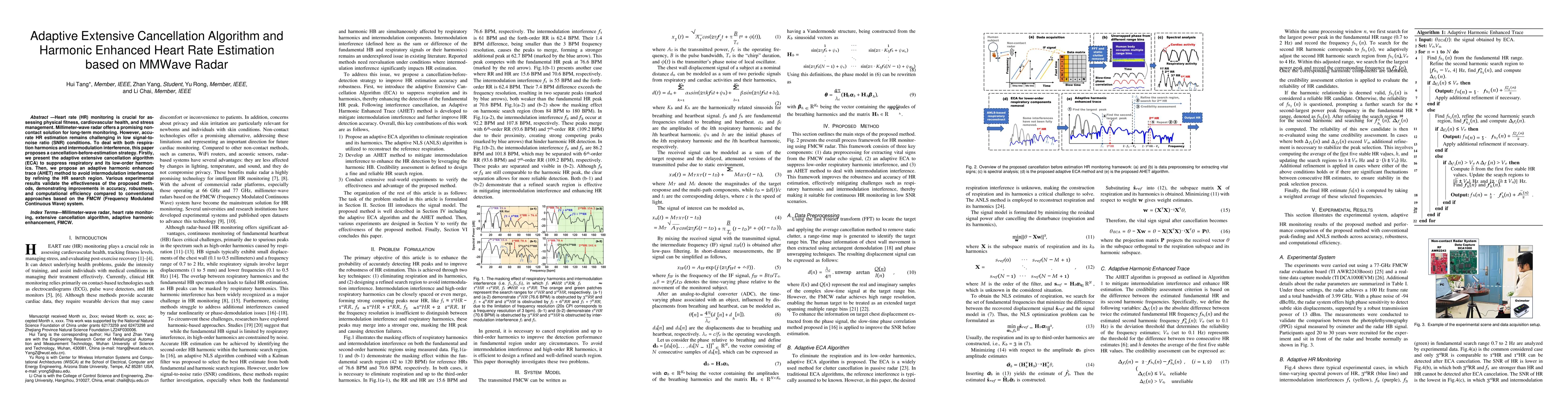 Thumbnail for Adaptive Extensive Cancellation Algorithm and Harmonic Enhanced Heart
  Rate Estimation based on MMWave Radar