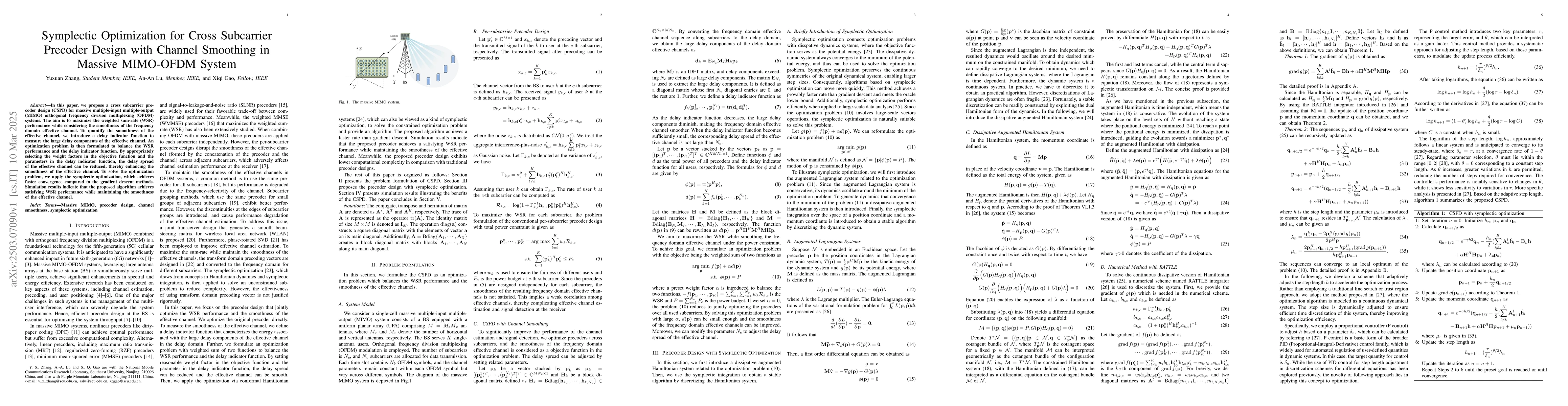 Thumbnail for Symplectic Optimization for Cross Subcarrier Precoder Design with
  Channel Smoothing in Massive MIMO-OFDM System