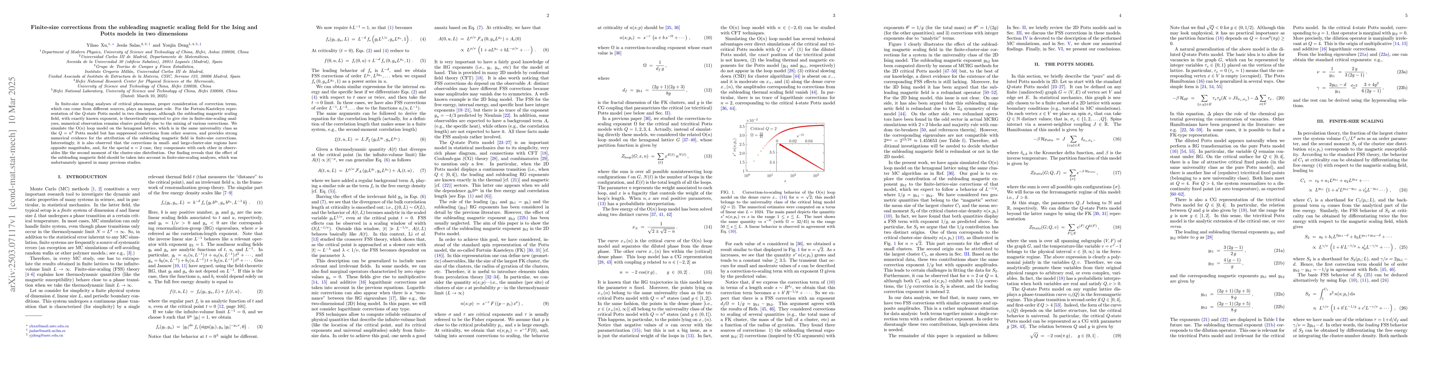 Thumbnail for Finite-size corrections from the subleading magnetic scaling field for
  the Ising and Potts models in two dimensions