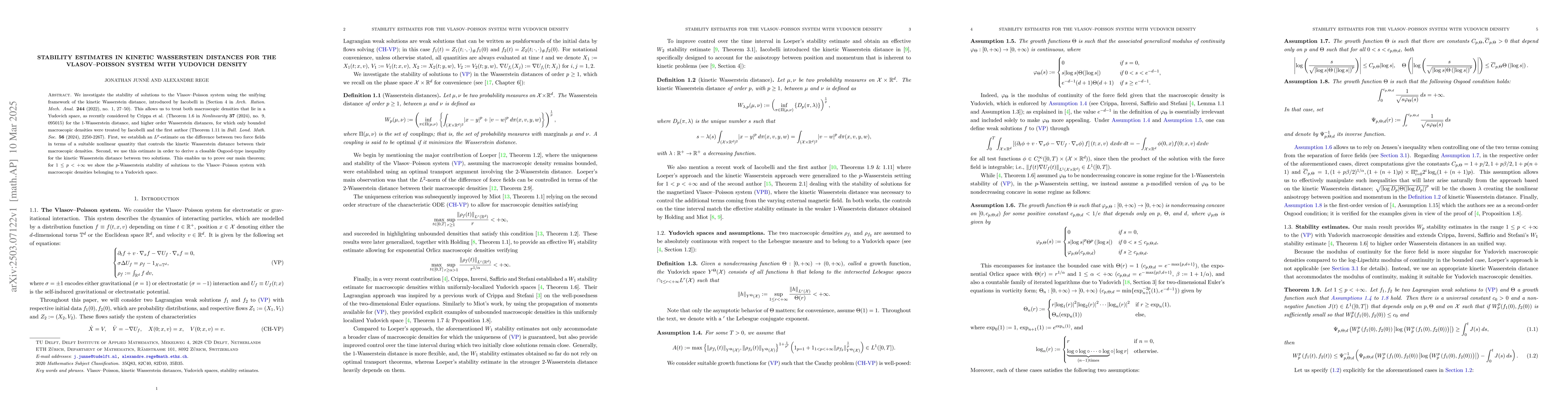 Thumbnail for Stability Estimates in Kinetic Wasserstein Distances for the
  Vlasov-Poisson System with Yudovich Density
