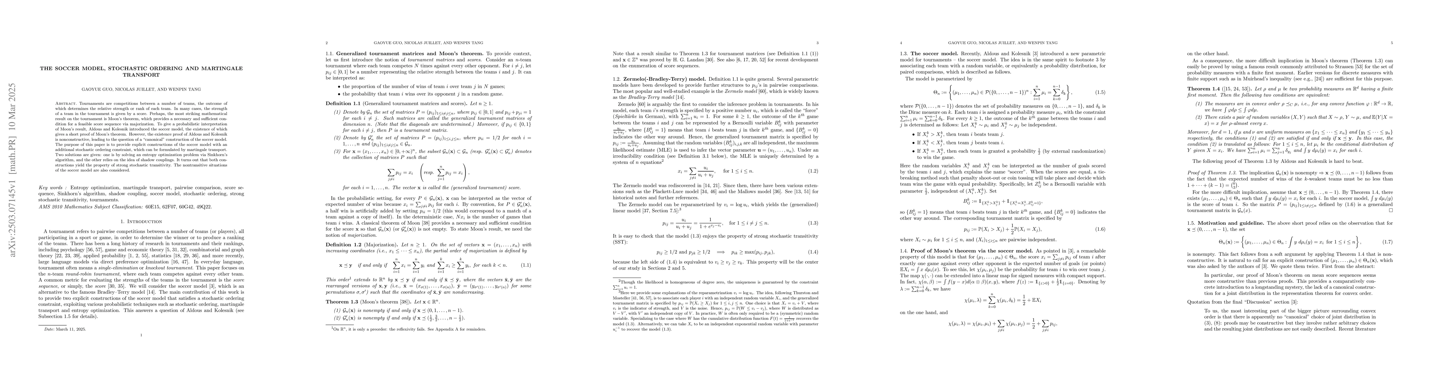 Thumbnail for The soccer model, stochastic ordering and martingale transport