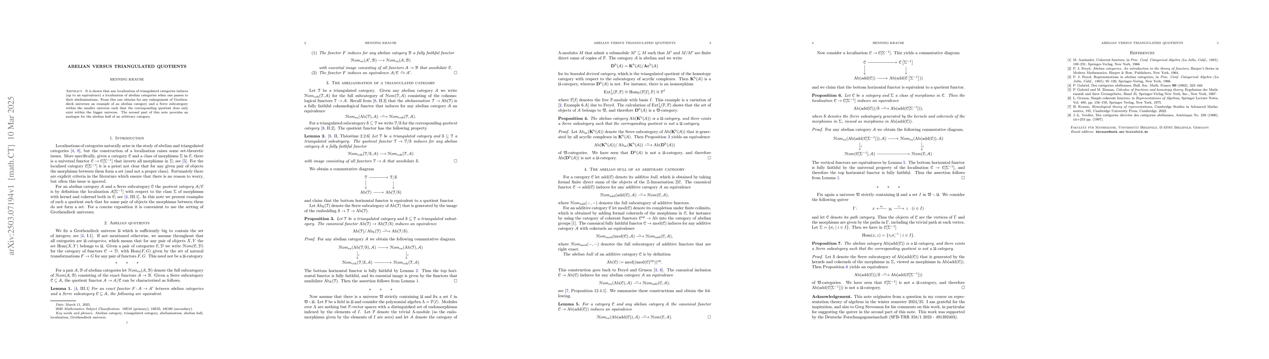 Thumbnail for Abelian versus triangulated quotients