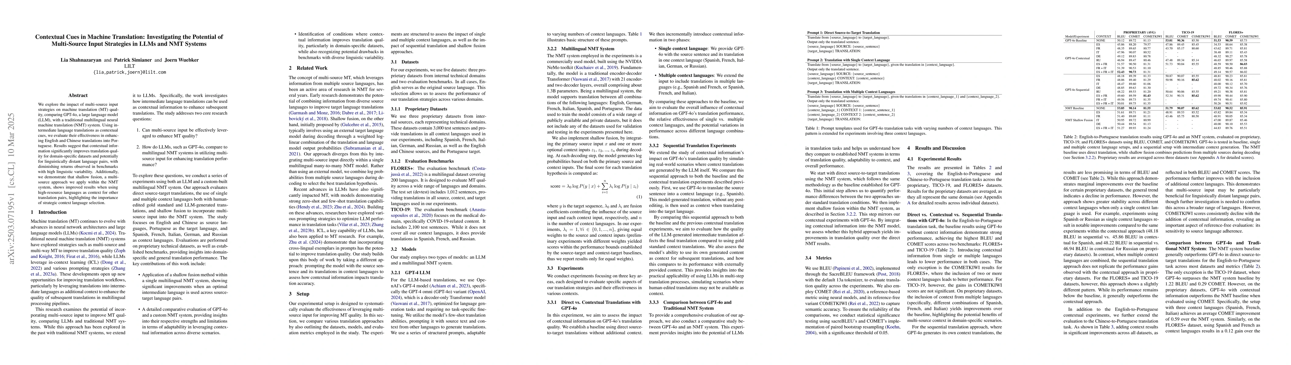 Thumbnail for Contextual Cues in Machine Translation: Investigating the Potential of
  Multi-Source Input Strategies in LLMs and NMT Systems