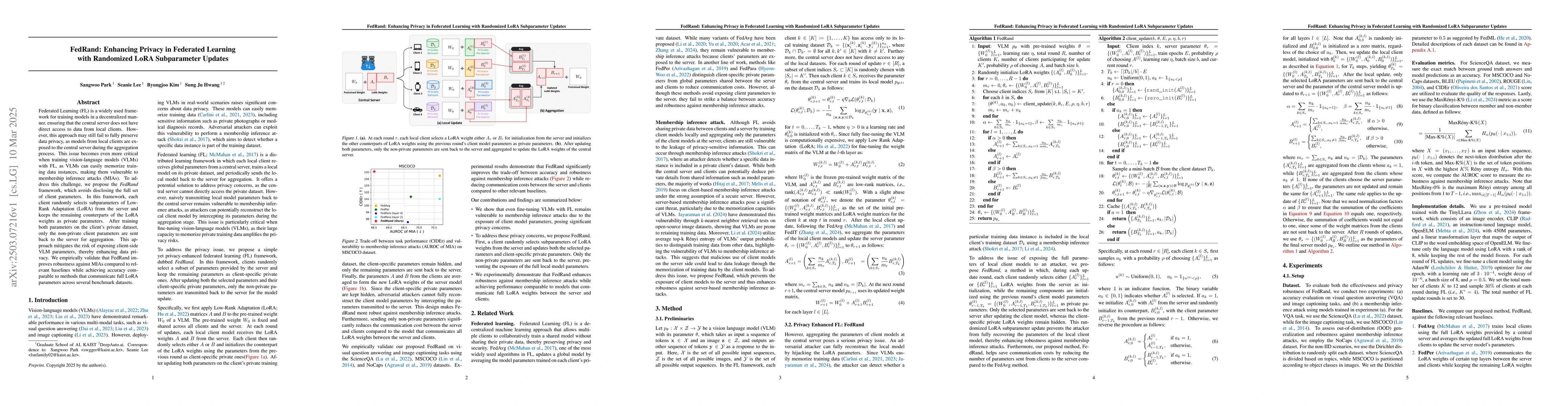 Thumbnail for FedRand: Enhancing Privacy in Federated Learning with Randomized LoRA
  Subparameter Updates