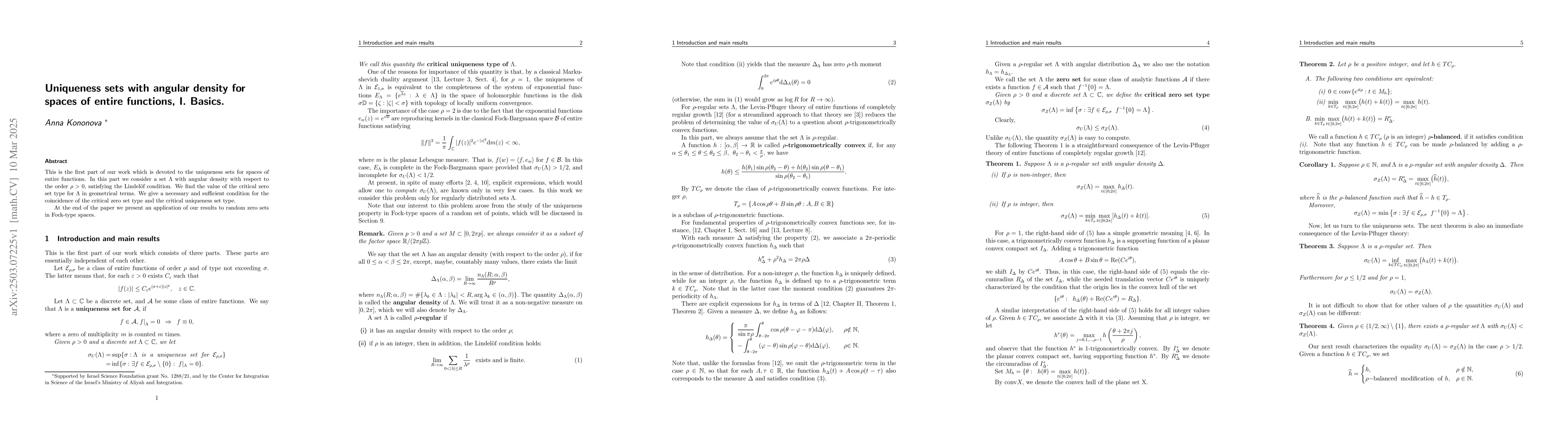 Thumbnail for Uniqueness sets with angular density for spaces of entire functions, I.
  Basics
